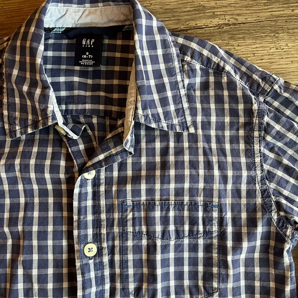 Gap Kids Toddler Boy Long Sleeve Button Down Dress Shirt Blue Plaid Small 6/7